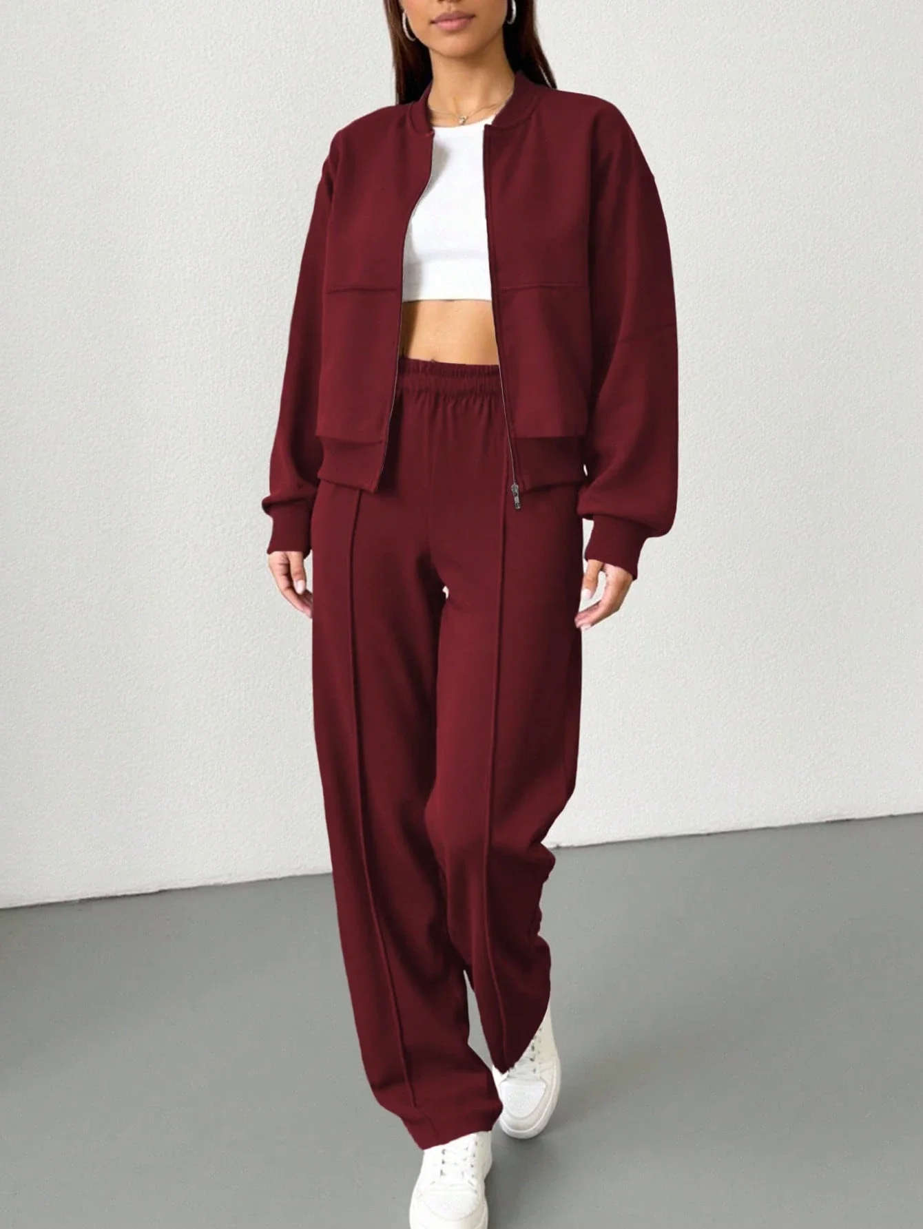 

2pcs Solid Color Casual Zip-Up Bomber Jacket And Wide Leg Pants Set For Women