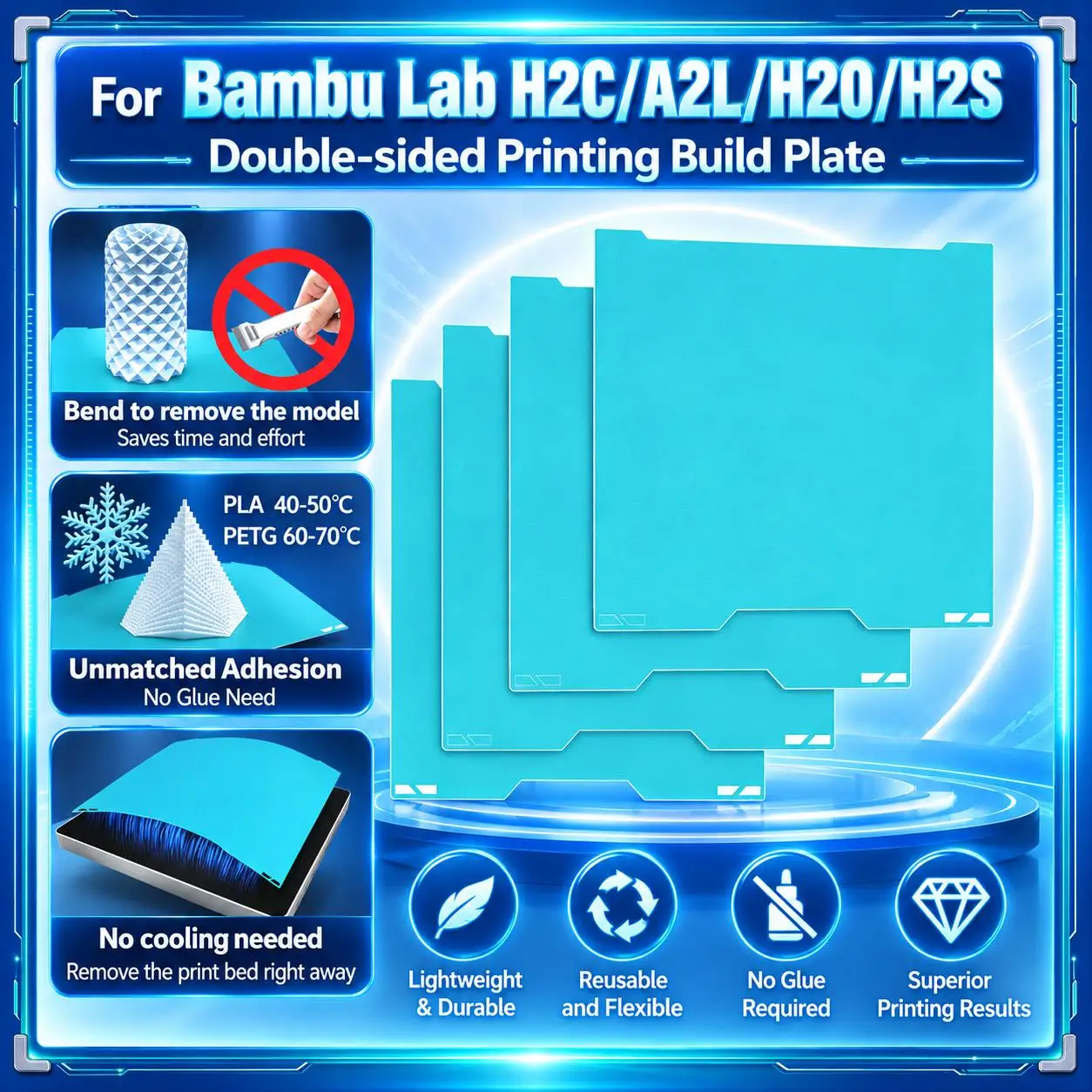 Glacier Cold Plate 3D Printer Build Plate for Bambu Lab A2L H2C H2D H2S, Strong Adhesion for PLA PETG Lower Temp Print