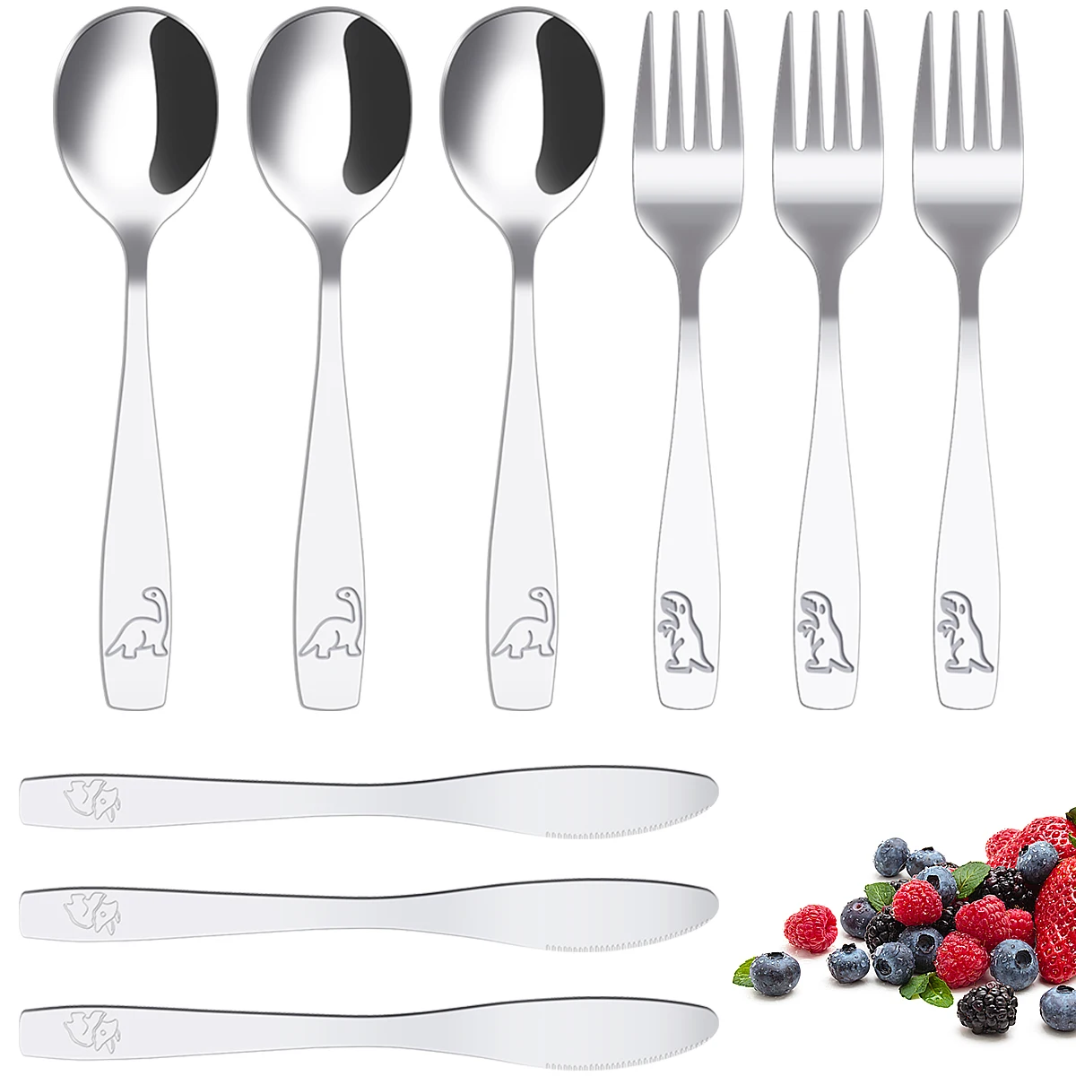 9Pcs Kids Silverware Set 410 Stainless Steel Kids Fork Spoon and Cutter Set Safe Toddler Utensils Dinosaur Kids Flatware Set