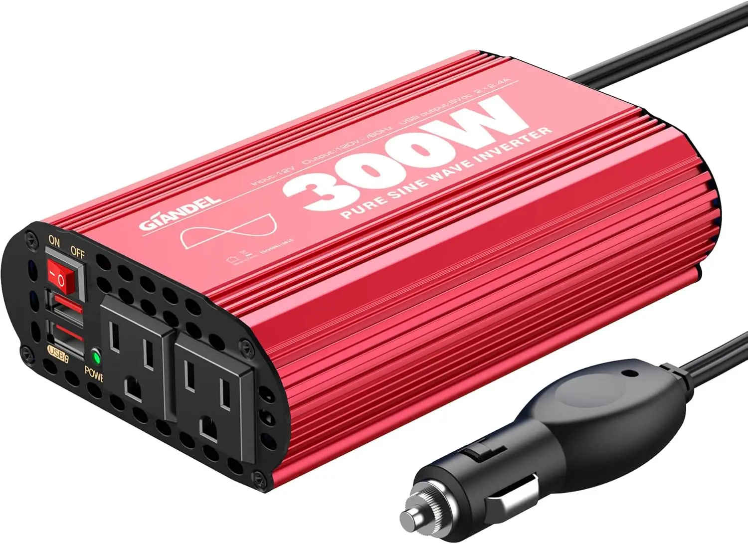 

300Watt Pure Sine Wave Power Inverter DC 12volt to AC 120volt Car Converter Adapter with Dual USB Ports for Smartphones
