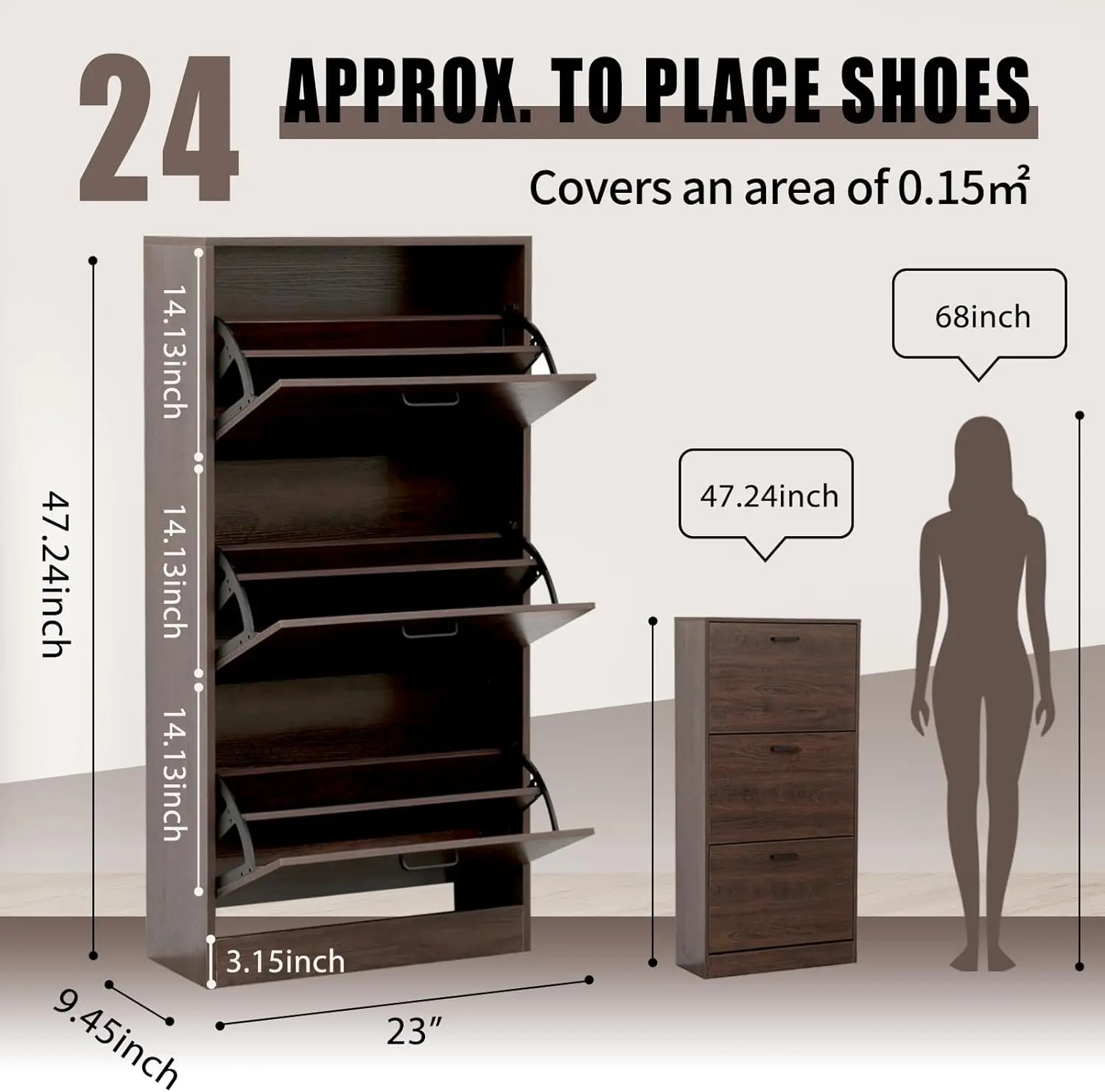 Storage Cabinet with 3 Flip Drawers, Freestanding Storage Racks for Entryway Hidden Narrow Shoe Organizers Perfect for Heel