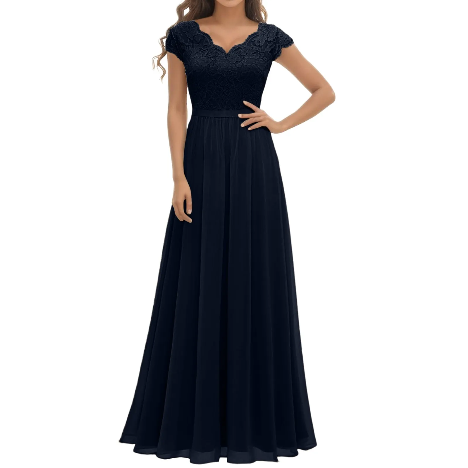 Elegante Frauen Party Brautjungfer langes Kleid Spitze Patchwork Chiffon ärmellose Hochzeit V-Ausschnitt ein Stück formelle Party Midi-Kleid