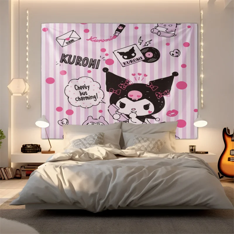 

Kuromi Pink Stripe Tapestry Kawaii Sanrio Fabric Banner for Bedroom Living Room Dorm Pink Cute Wall Hanging Decor for Girls
