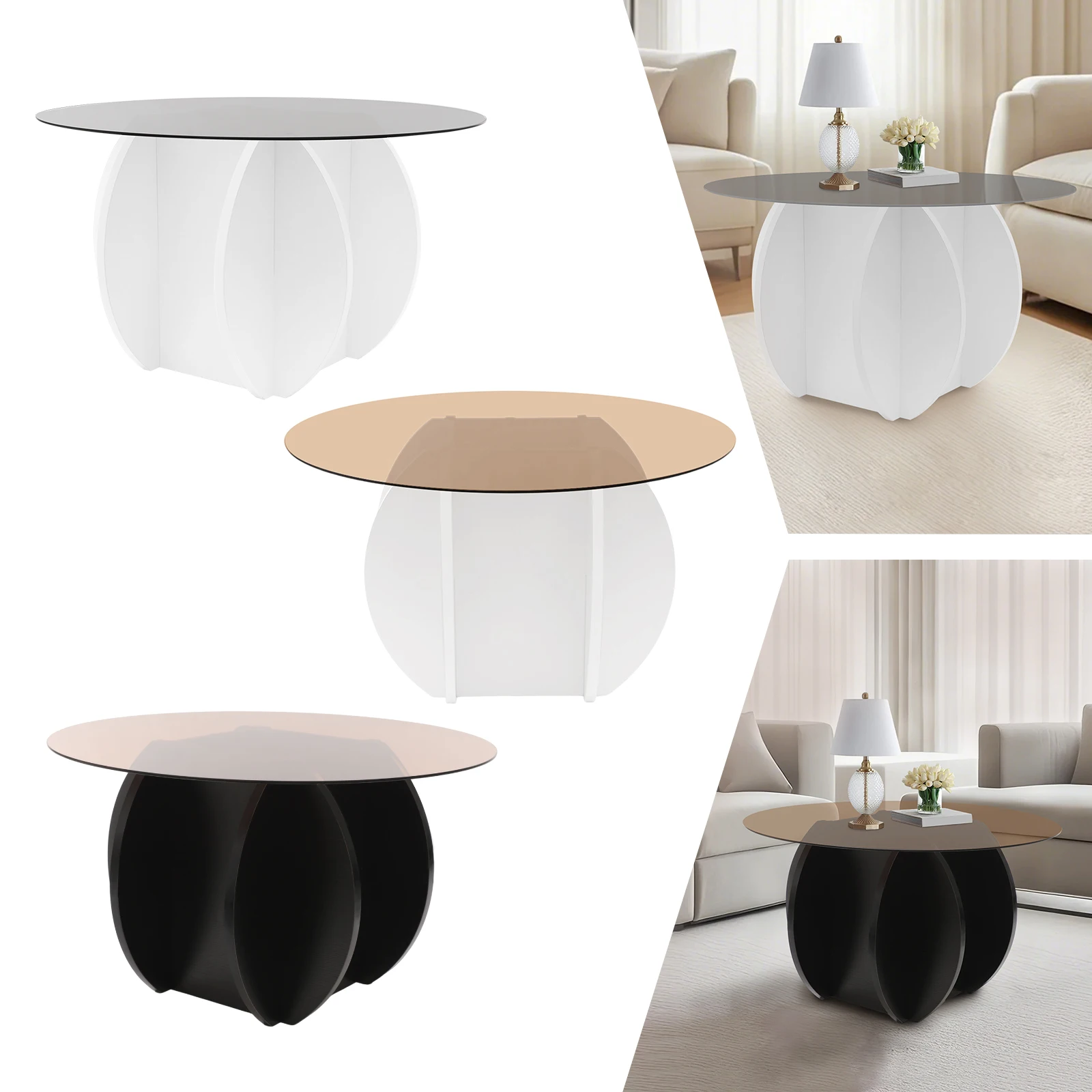 70cm ラウンドパーティクルボードコーヒーテーブル、ホワイト/ブラック/タウニーガラステーブルトップコーヒーテーブルオフィス、リビングルーム用フロアスタンディング