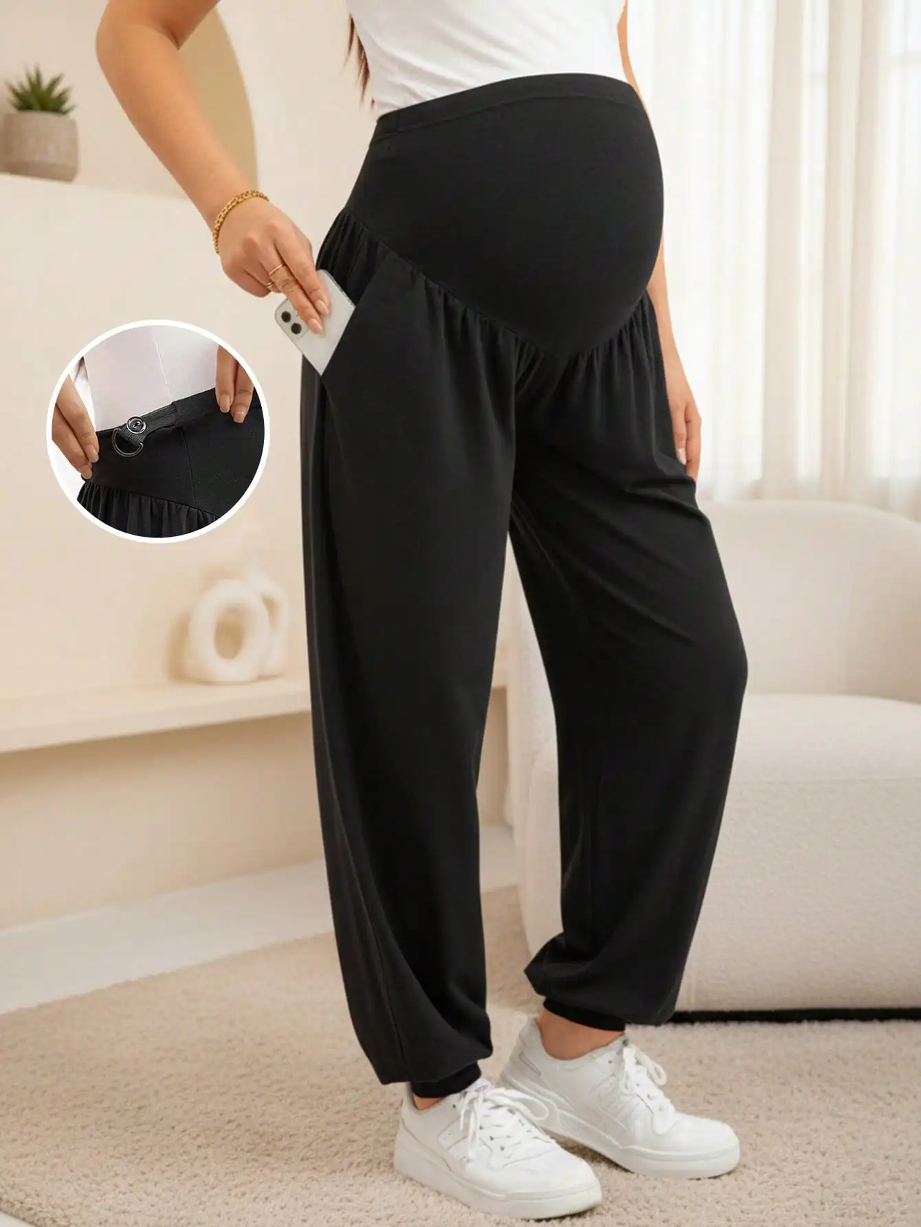 Maternity Women's Black Lounge Pants with Pockets Adjustable High Waist Jogger Fit for Casual Home Wear