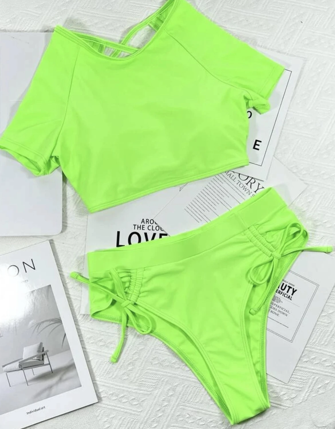 

2025 New Sexy Two Piece Swimsuit Swimwear Women Fluorescent Green Hollow Straps High Waist Bathing Suit Beachwear Short Sleeve