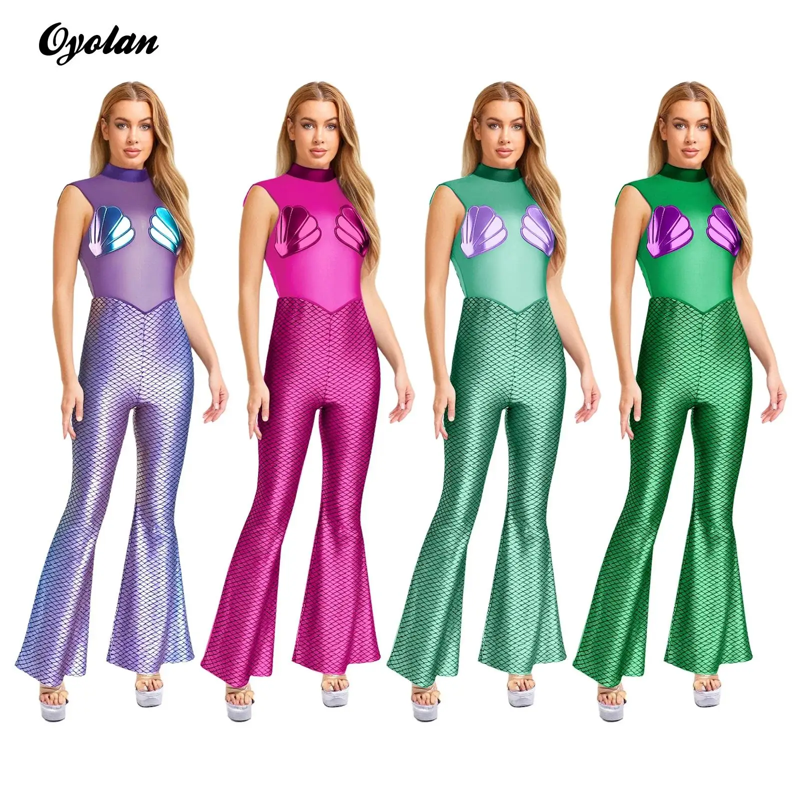 

Womens Fish Scale Print Halloween Mermaid Cosplay Costumes Rompers Scallop Cups Sheer Mesh And Bell Bottom Jumpsuit Bodysuit