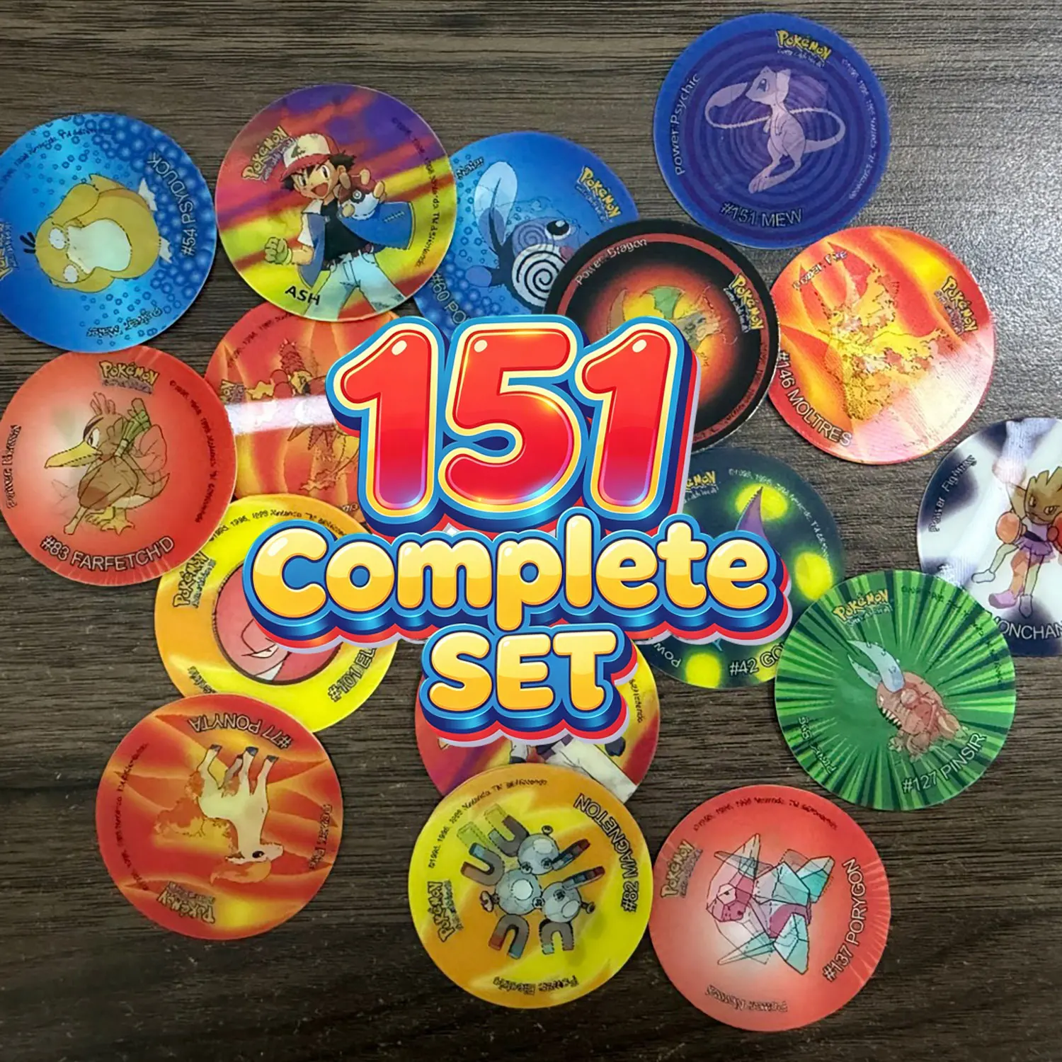 90Pcs 3D Flip Pokemon Tazos Vol.1 151Complete Set Lenticular Round Pogs Eco Plastic 4cm Anime Collectible Game Cards