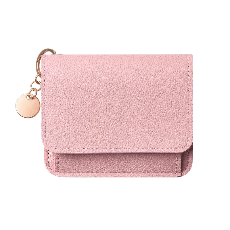 Women PU Trifold Wallet Slim Mini Card Holder Solid Color Short Coin Purse With Keychain