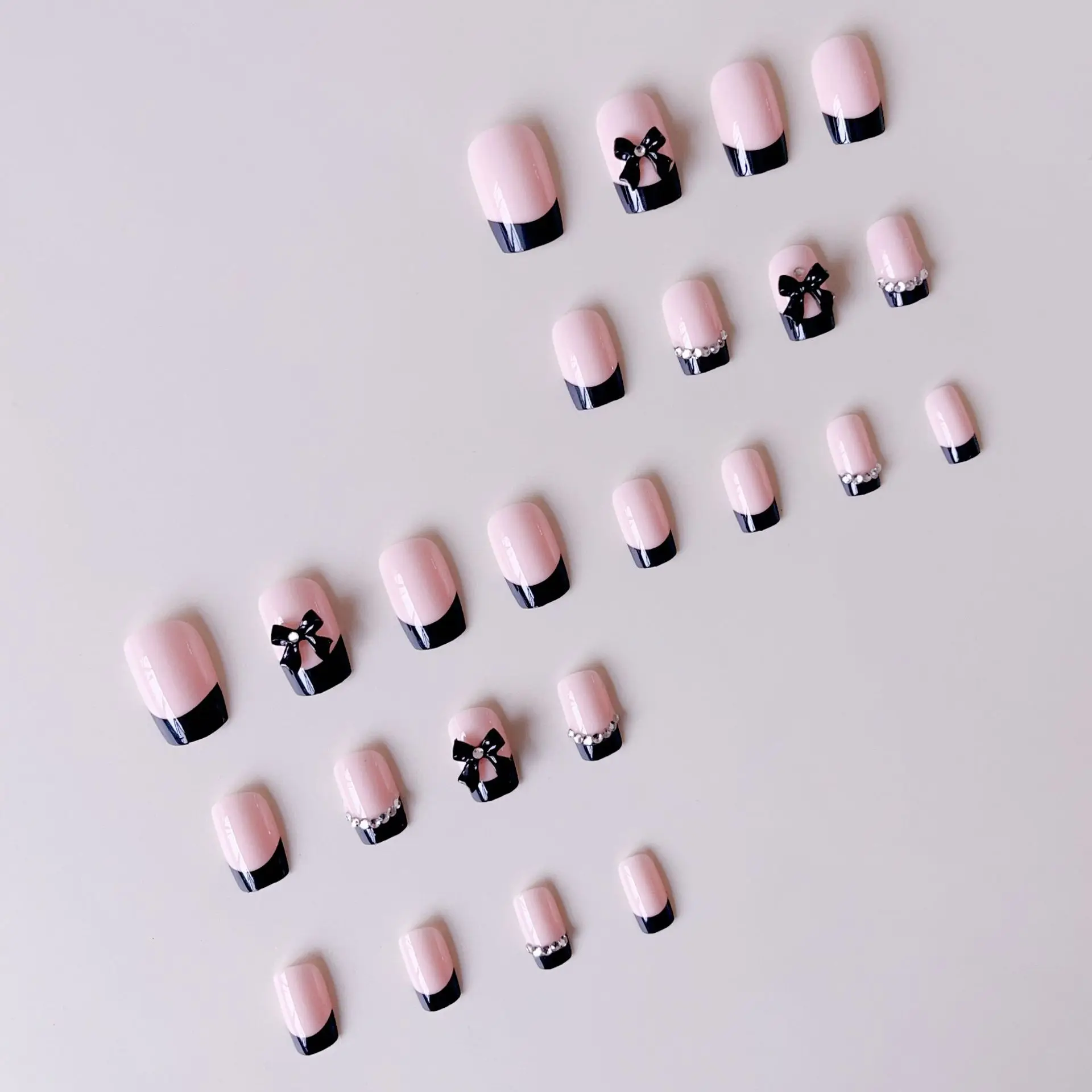 Black French Tips Fake Nails for Women Short Ballet Press On Nails Bowknot/Rhinestone Decor Full Cover Detachable False Nails