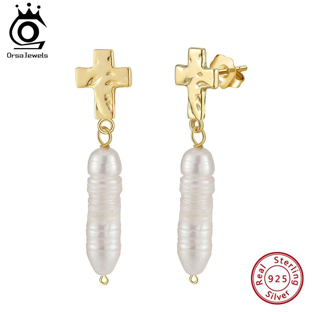 

ORSA JEWELS Fashion Baroque Pearl Drop Earrings White Natural Freshwater Pearls 925 Silver Cross Shape Earrings for Women GPE107