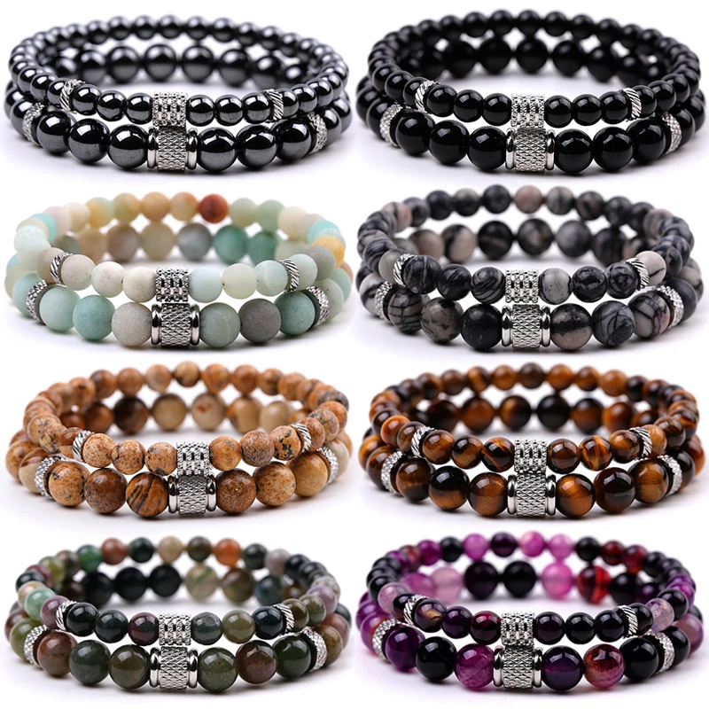 

New Women's Exquisite Colored Matte Striped Agate Tiger Eye Stone Set Bracelet Fashion DIY Charm Jewelry Gift