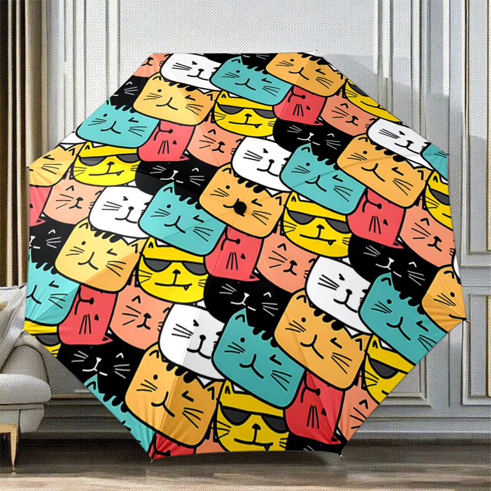 Colorful Cartoon Cat Faces Printed Umbrella – Fun and Stylish Design Portable Folding Umbrella, Gift for Family And Friends