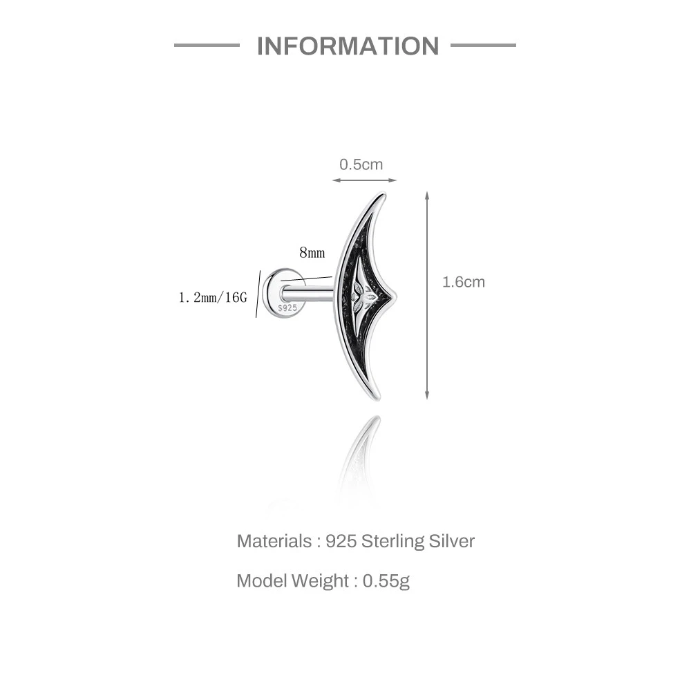 Aide S925 Sterling Silver Vintage Elf Ear Crawler Earring Gothic Vintage Crescent Cartilage Stud for Women Punk Piercing Jewelry