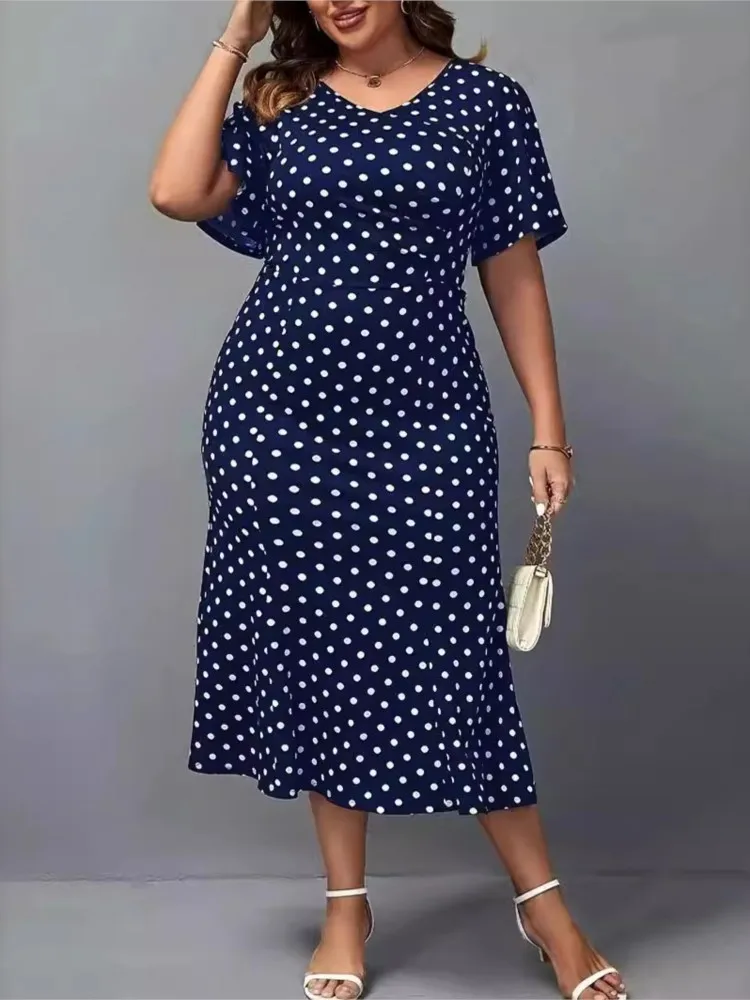 Vestido Midi de talla grande con estampado de lunares para mujer, cintura ajustada, Sexy, plisado con volantes, manga corta