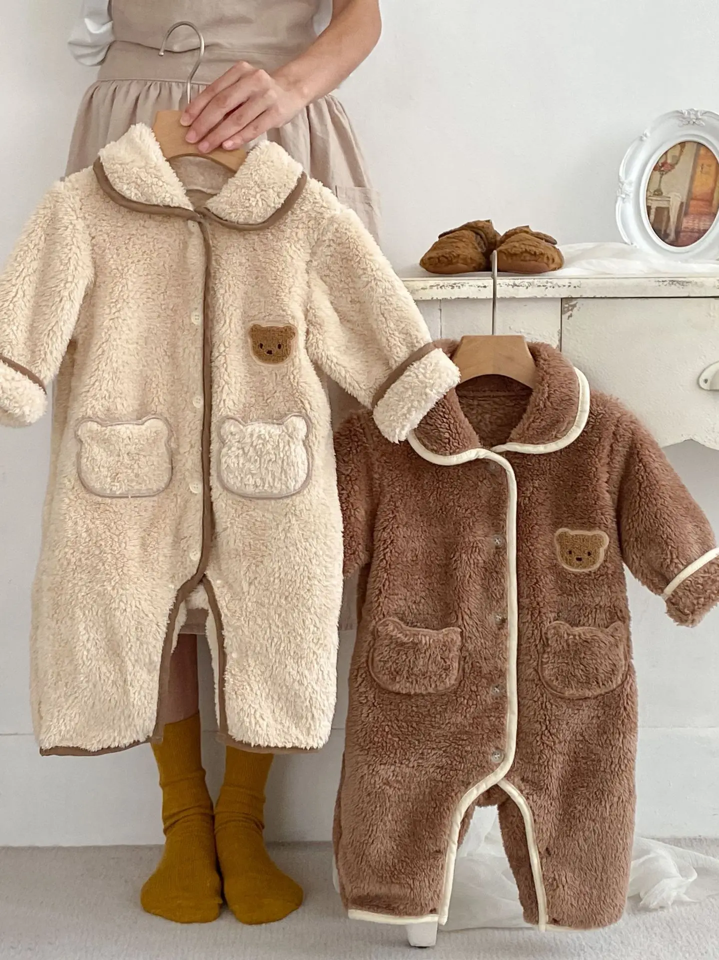 2024 Winter New Baby Long Sleeve Lapel Romper Newborn Cute Bear Pajamas Infant Boy Girl Plus Velvet Thick Warm Jumpsuit 0-24M