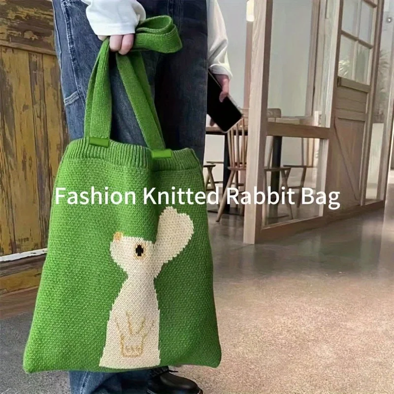 

Green Knitted Rabbit Tote Bag, Fashionable Looking Up Rabbit Knitted Bag, Portable Shopping Shoulder Bag