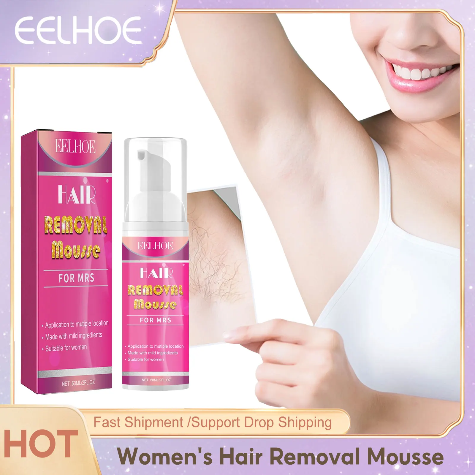 Mousse de espuma para remoção rápida de pelos, removedor de pelos indolor para mulheres, axilas, pernas, braços, inibidor de crescimento capilar, creme corporal depilatório, cuidados com 60ml