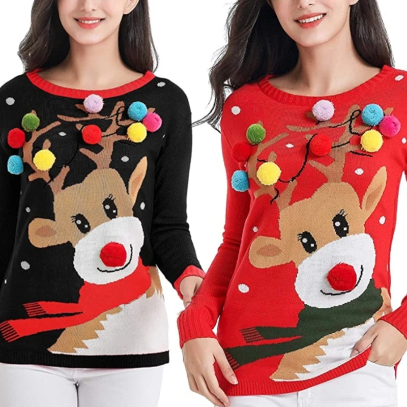 Women Colorful Plush Cartoon Reindeer Print Holiday Christmas Sweater Dropship