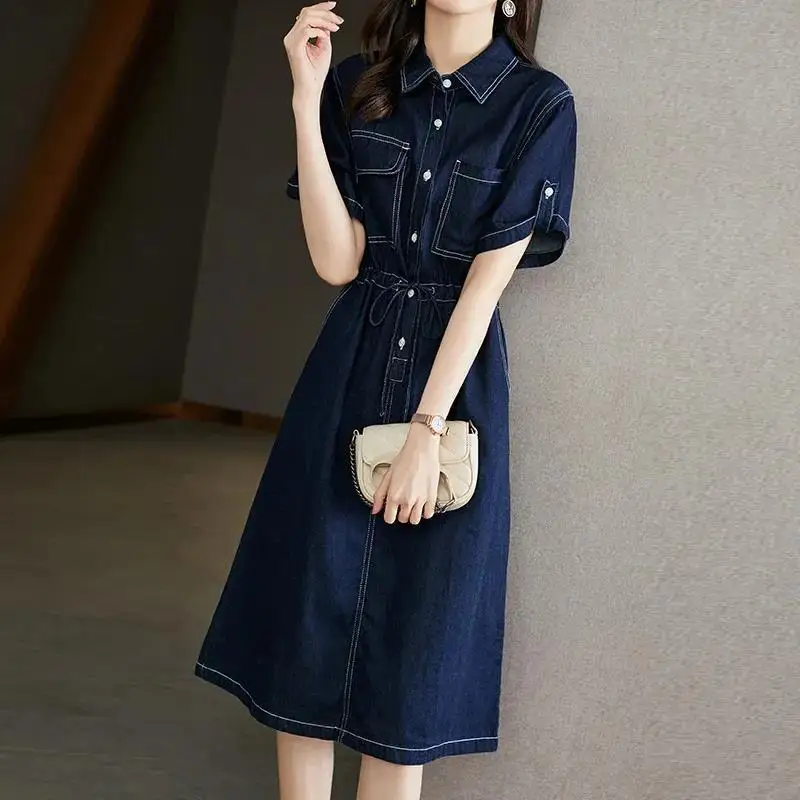 Female Clothing Korean Denim Dresses A-Line Waist Summer New Fashion Drawstring Basic Turn-down Collar Button Vintage Midi Dress