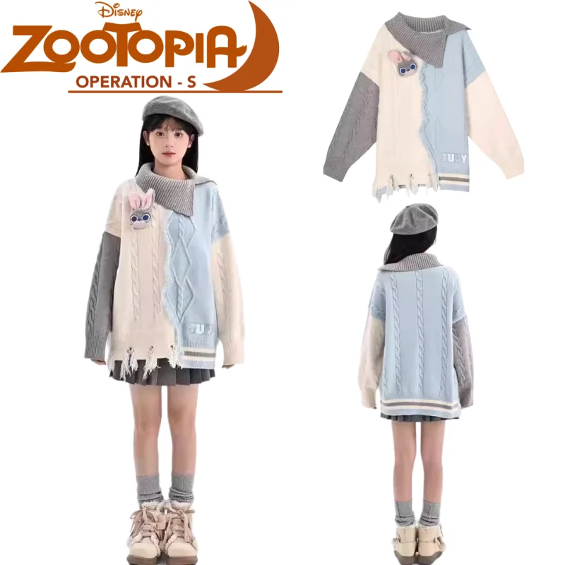 

New Zootopia Twist Knit Cartoon Judy Hopps Bias-Neck Double Color-Block Top Casual Fashion Holiday Gifts for Girls