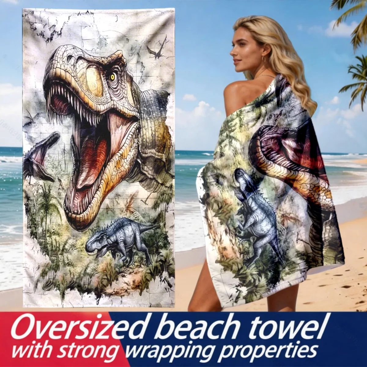 Retro hand-painted Tyrannosaurus rex polyester microfiber beach towel is highly absorbent, suitable swimming and beach outings