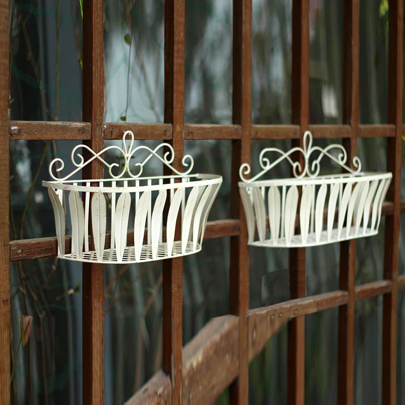 

Set of 2 outdoor window Wrought iron wall basket planter garden metal plant stand hanging plant stand