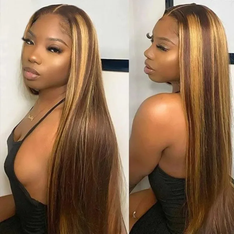 Highlight Straight Human Hair Bundles With 13x4 Lace Frontal Honey Blonde P4/27 Brazilian Hair Extensions 3 Bundles With Closure