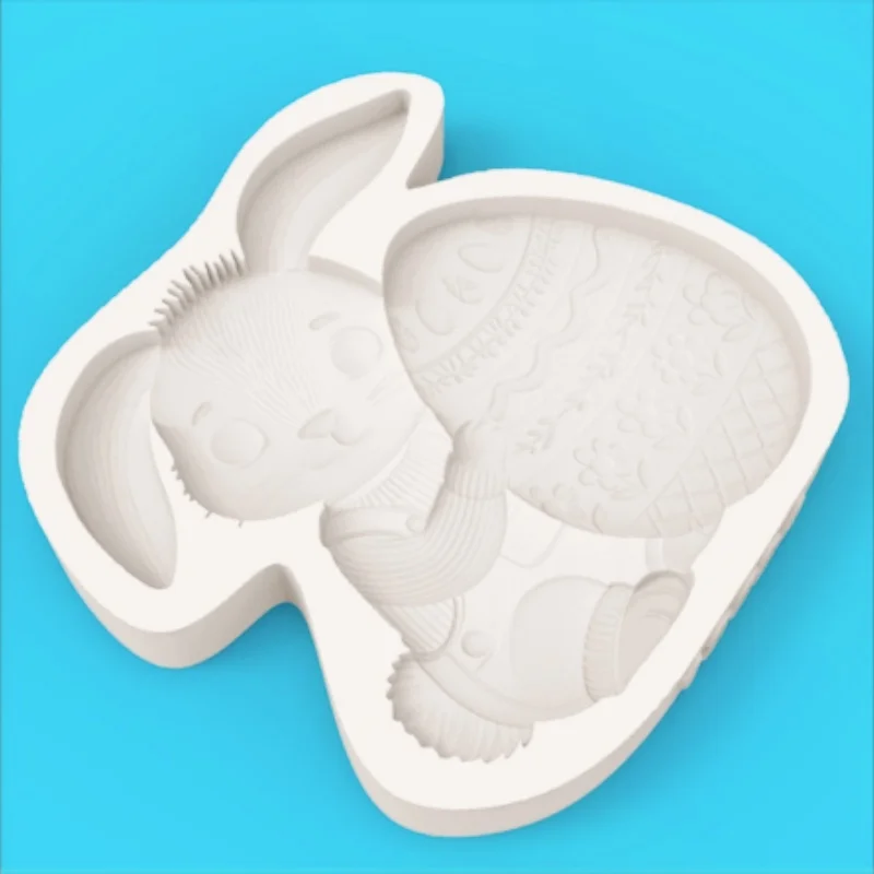Easter Egg-Holding Bunny Silicone Baking Mold with Overalls Element Chocolate Fondant Cake Decoration Mold