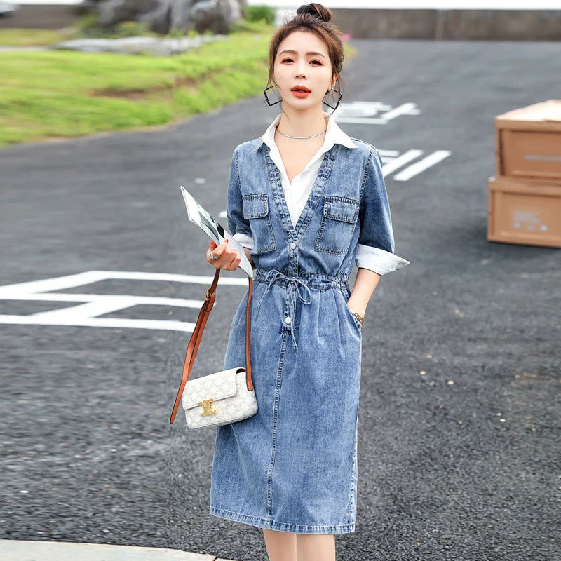 Women High-end Temperament Stitching Denim Dress Fake Two-piece 2023 Summer Female New Fashion age-reducing Medium Long Dress