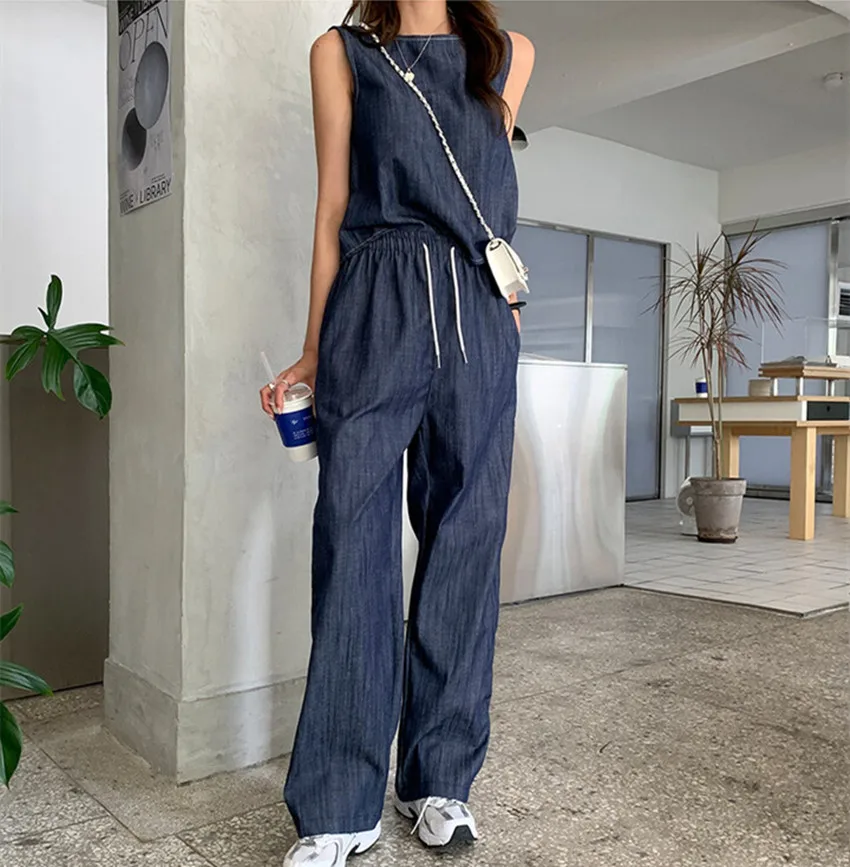 Chic Summer Denim Pants Two Piece Set Women Sexy Backless Split Sleeveless Vest Tops + High Elastic Waist Wide Leg Trousers Suit