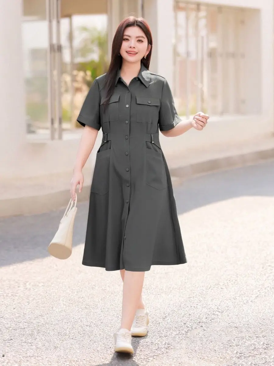 

plus Size Women's Casual Workwear Sle ort Sve Long Dr Slimming Waist Design Versatile Loose Fit Summer Dr