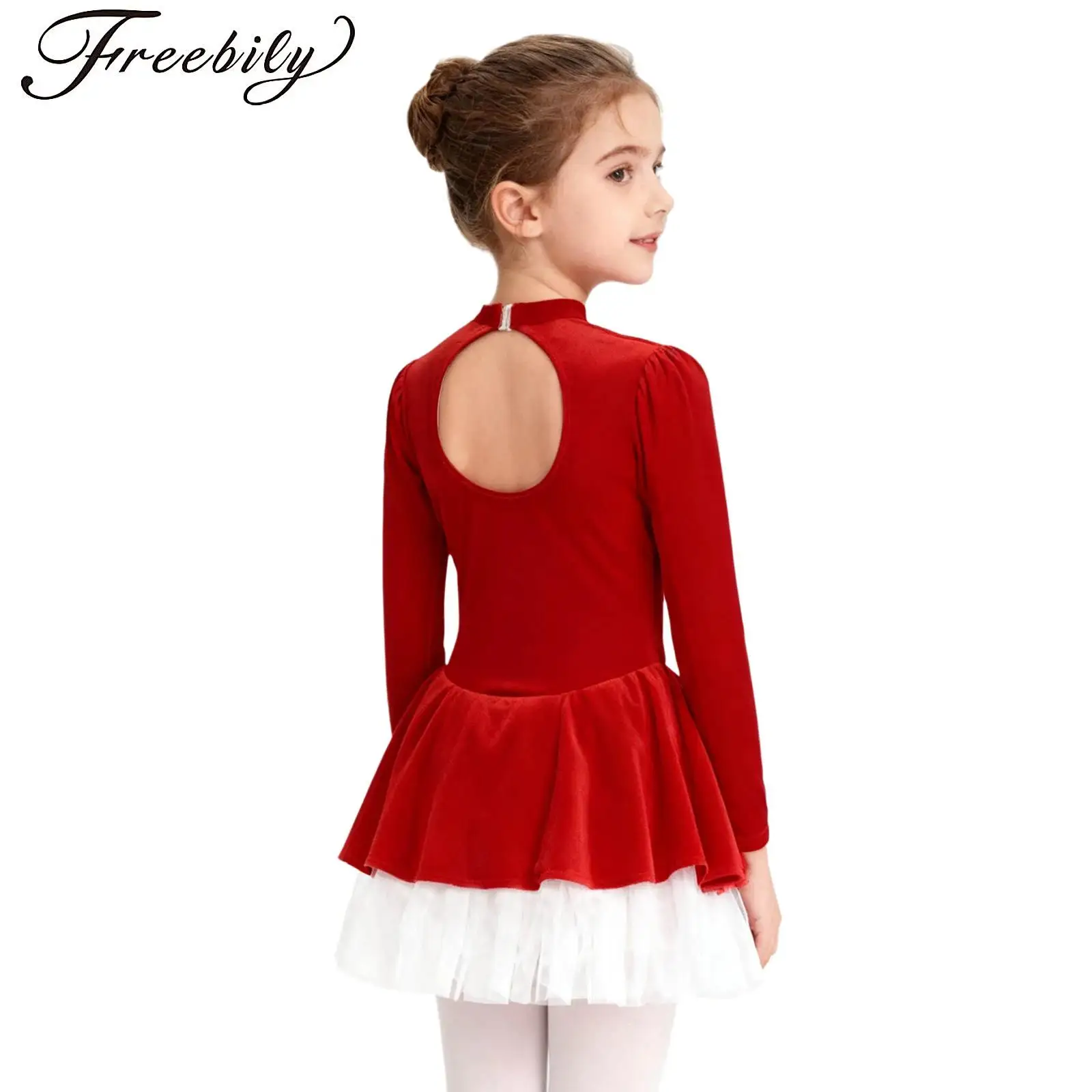 

Girls Christmas Ballet Dance Dress Mock Neck Rhinestones Long Sleeve Back Cutout Figure Skating Gymnastic Leotard Tutu Dress
