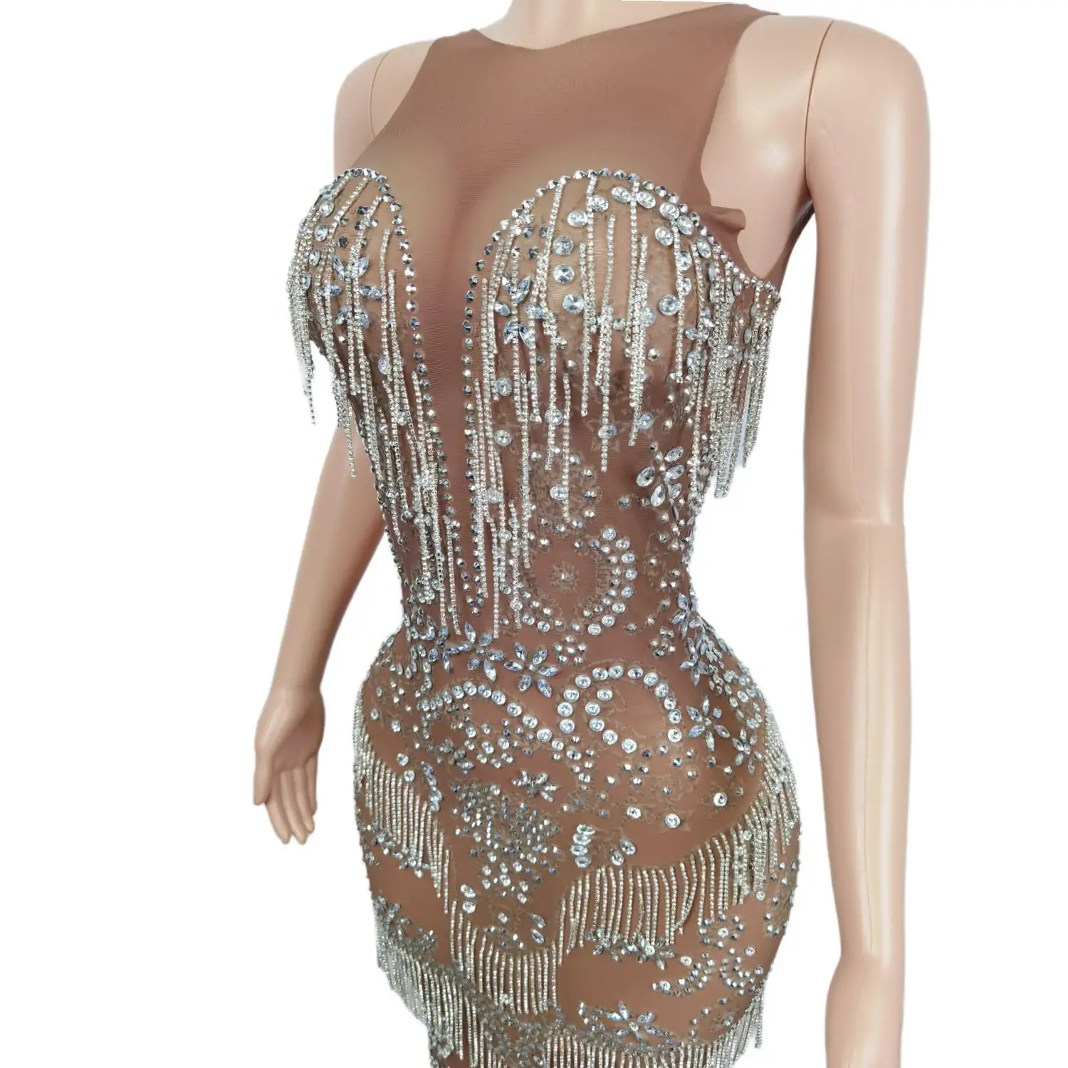 Frauen Glänzende Strass Kette Dance Kleid Sexy Mesh Perspektive Kristall Trikot Sänger Tänzer Bühne Tragen Nachtclub Party Kleid