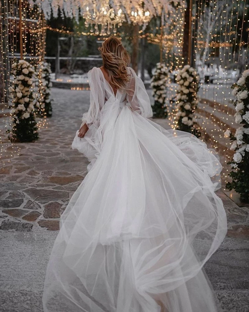 Superbes robes de mariage dos nu Boho avec nœud de train, robe maxi de plage blanche, tout ce qui est transparent, manches bouffantes, patients sexy