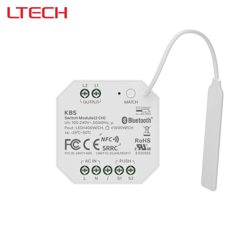 LTECH BLE Mesh Relay Module 2CH KBS Programmable NFC Support OTA Upgrades for Smart Home Automation