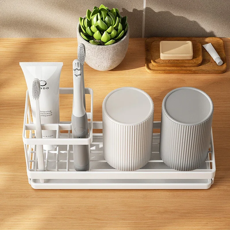 1PCSMultifunction Steel Frame Toothbrush and Toothpaste Holder Mouthwash Cup Storage Stand Rack Bathroom Counter Organizer Shelf