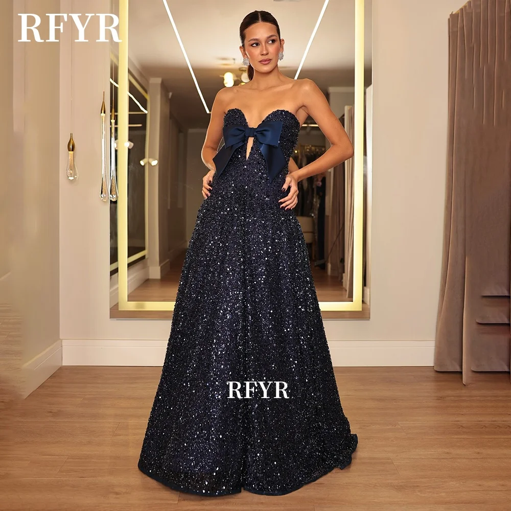 

RFYR Navy Blue Prom Dress Beading Evening Dress with Bow Sweetheart A-Line Luxury Princess Party Dress for Women Customized