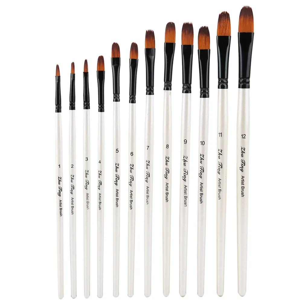 12PCS Pearl White Handles Art Paint Brush Set Tongue Tip & Angle Tip Firm Fastening Watercolor Painting Tools Soft Nylon Fiber