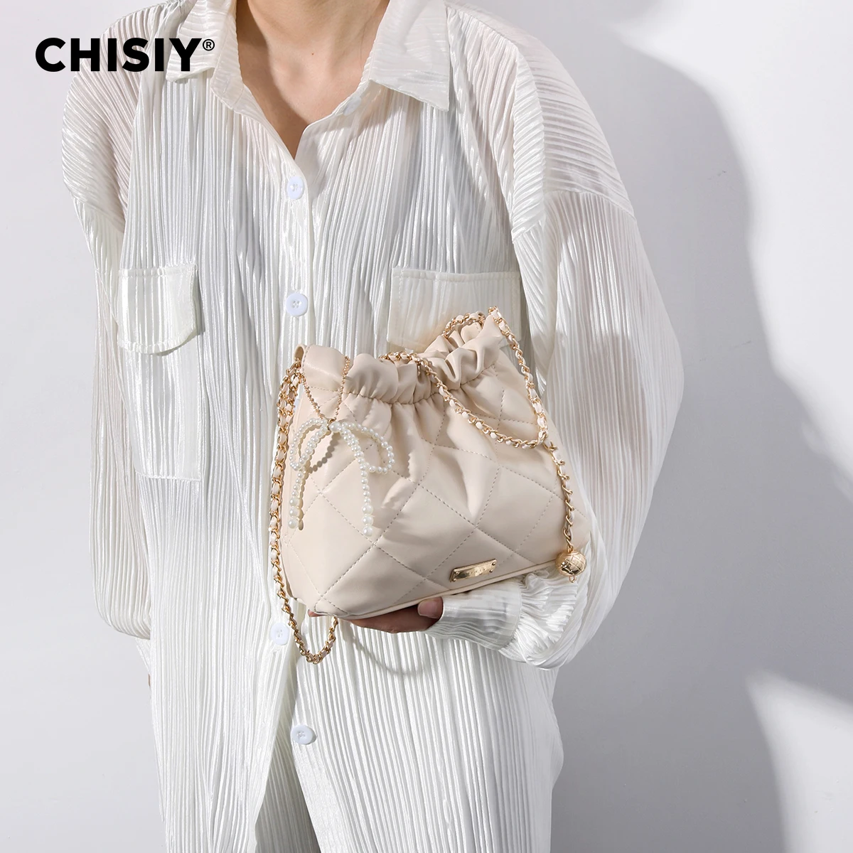 CHISIY Original Handmade Simple and Lightweight Butterfly Bow Linggefu Bag Rice White Shoulder Bag Suitable for Work and Travel