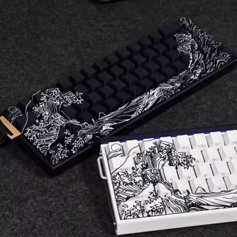 Black/White Sea Wave Theme Keycaps Anime PBT Cherry Profile Custom Side Translucent Key Caps for 60% Mechanical Keyboard Gifts