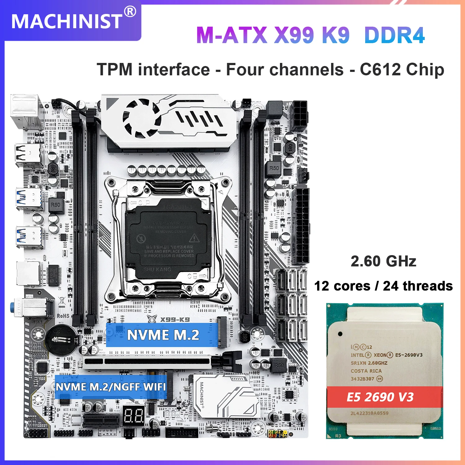 MACHINIST X99 K9 Motherboard Kit Set With Xeon E5 2690 V3 Or E5 2699 V3 LGA 2011-3 CPU Support DDR4 RAM TPM2.0 NVME M.2 C612