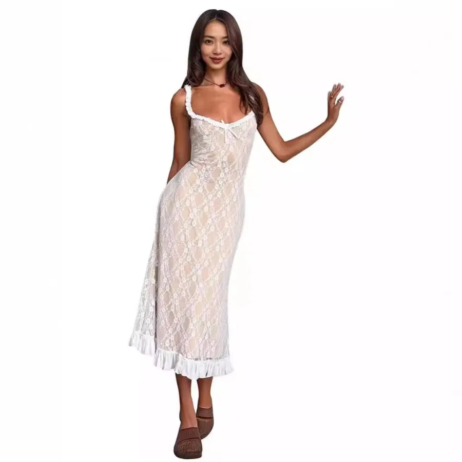 

【New style】S32243 Spring and summer sexy V-neck low-cut temperament lace mesh splicing suspender dress for women's wear