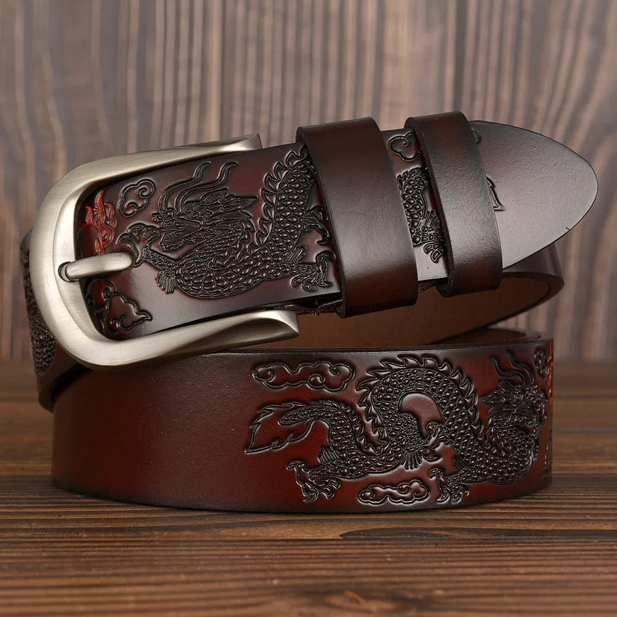 

Fashion brand Dragon pattern genuine belt Male Belts Casual Pin Buckle Cowskin Classical for Men