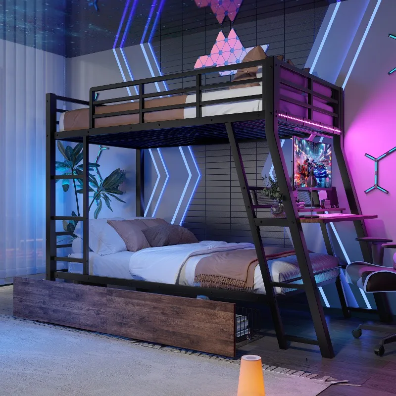 Lit mezzanine avec bureau, bande lumineuse LED, tiroirs, garde-corps, échelle, structure en métal noir, sans matelas, solution d'étude et de rangement gain de place