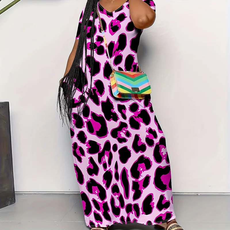فستان Slergiri النسائي مقاس كبير بطبعة الفهد ورقبة على شكل حرف v وأكمام قصيرة موضة صيف 2025 جيوب للعطلات فساتين طويلة غير رسمية