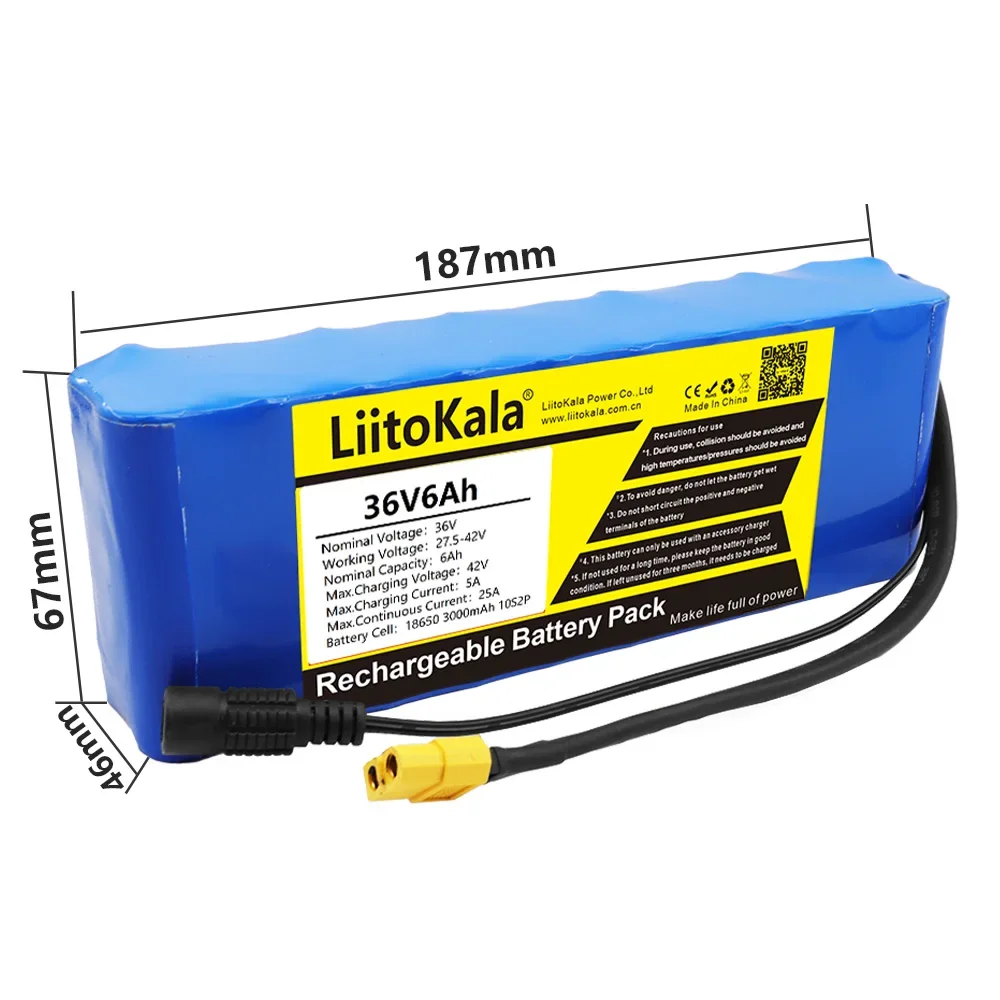 LiitoKala 36V6AhElectric Bike Battery Built in 20A BMS Lithium Battery Pack 36 Volt with 2A Charge Ebike Battery