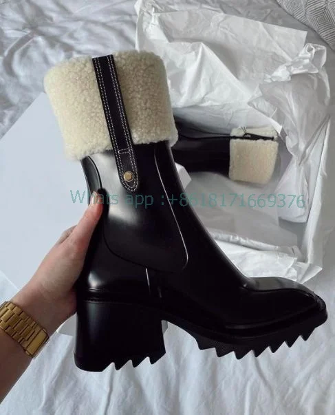 Zip Fur Block High Heel Leather Mid-calf Boots Women Luxury Square Toe Boots Lady Winter Warm Fashion Shoes Fashion New 2022