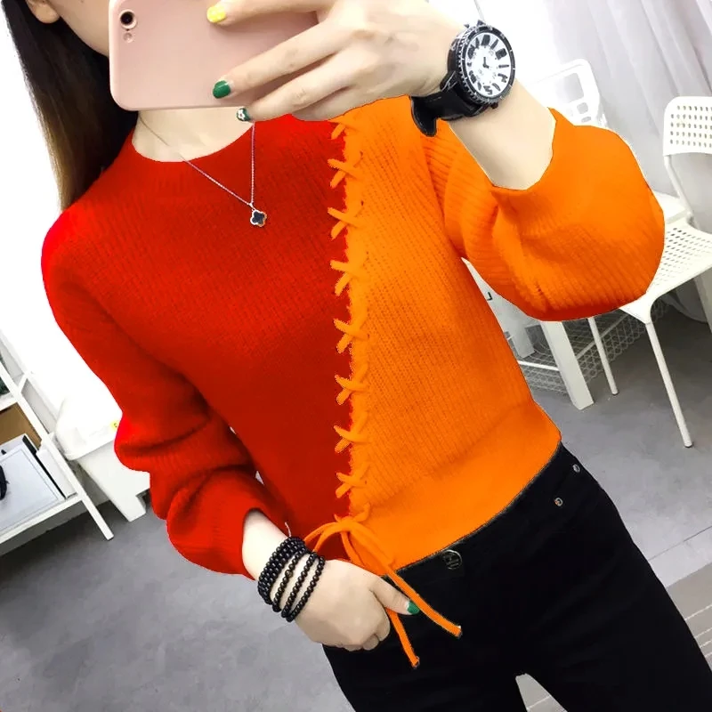 

Autumn Winter Women Sweaters Pullover New Korean Long Sleeve Lace Up Spliced Round Neck Contrast Color Knit Sweaters Tops XQ3