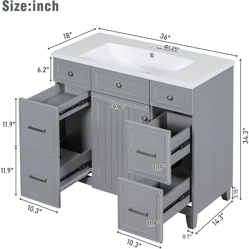 36-дюймовый туалетный столик для ванной комнаты с верхней частью раковины, серый шкаф, одинарная раковина, шкаф-шейкер с мягкой закрывающейся дверью и ящиком